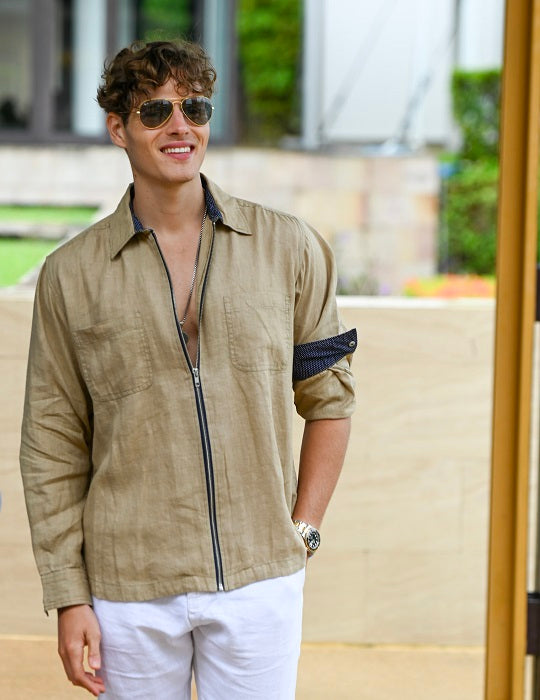 Men's Pitt Solid Long Sleeve Linen Zip Front Shirts