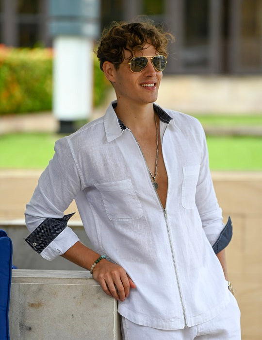 Pitt Solid Long Sleeve Linen Zip Front Shirts