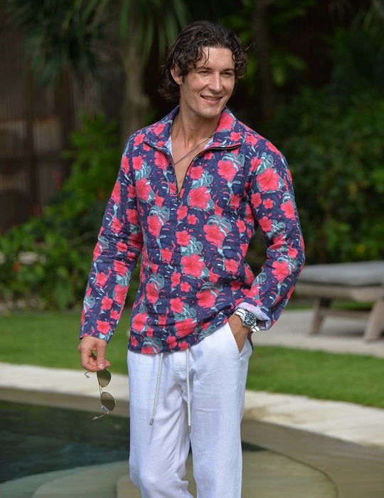 Men's Sicily Patterned Long Sleeve Zip Up Linen Shirts