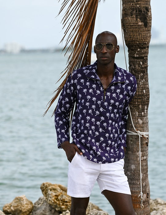 Men's Sicily Patterned Long Sleeve Zip Up Linen Shirts