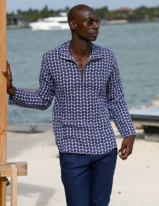 Men's Sicily Patterned Long Sleeve Zip Up Linen Shirts