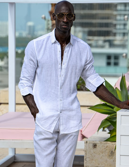 St Barth Saddle Stitch Solid Linen Long Sleeve Shirts