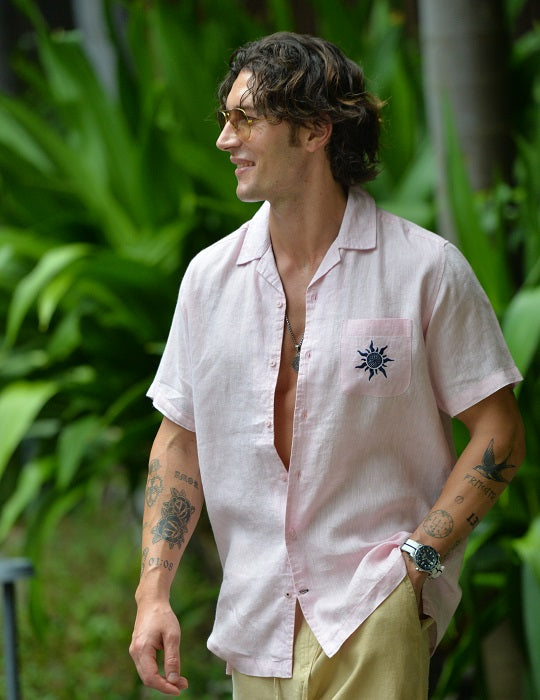 Tenerife Short Sleeve Camp Collar Linen Shirt with Distinctive Sun Embroidery on Pocket