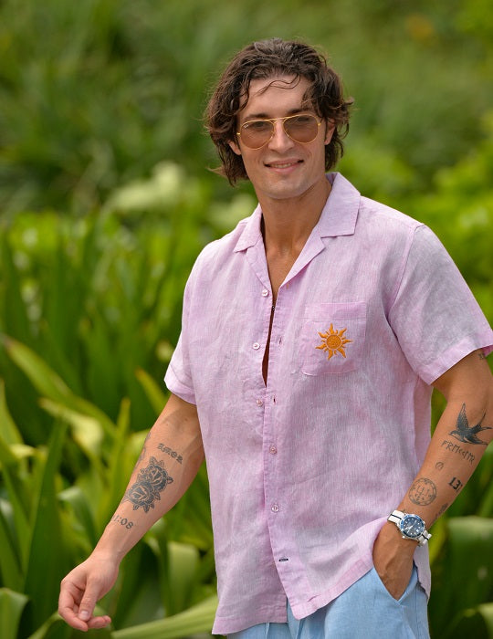 Tenerife Short Sleeve Camp Collar Linen Shirt with Distinctive Sun Embroidery on Pocket