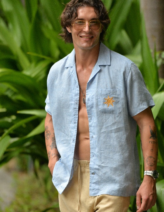 Tenerife Short Sleeve Camp Collar Linen Shirt with Distinctive Sun Embroidery on Pocket
