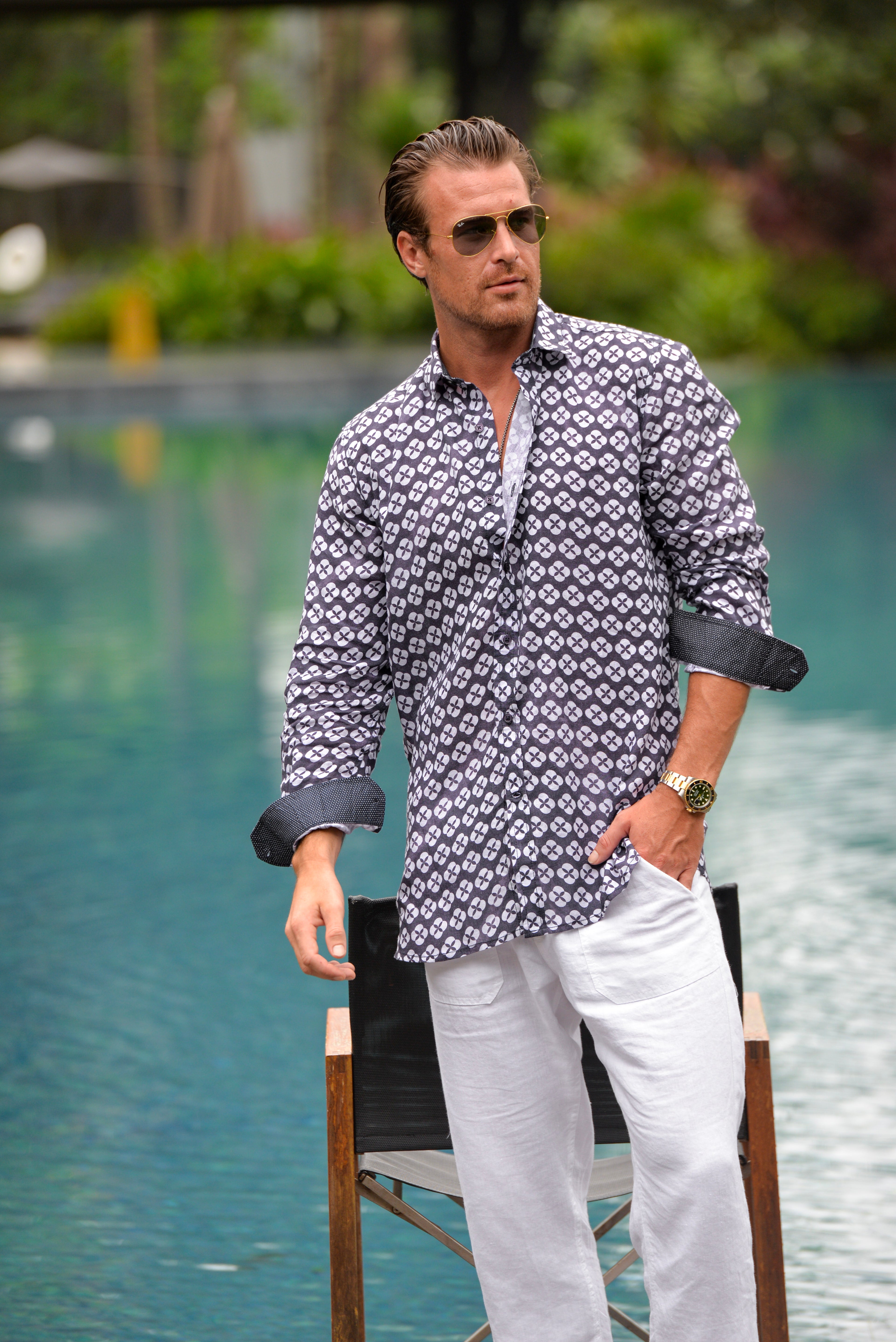Men's St Barth Patterned Linen Long Sleeve Shirts