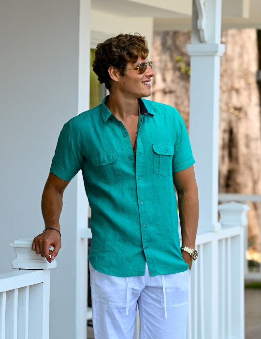 Aruba Solid Short Sleeve Cargo Linen Shirts