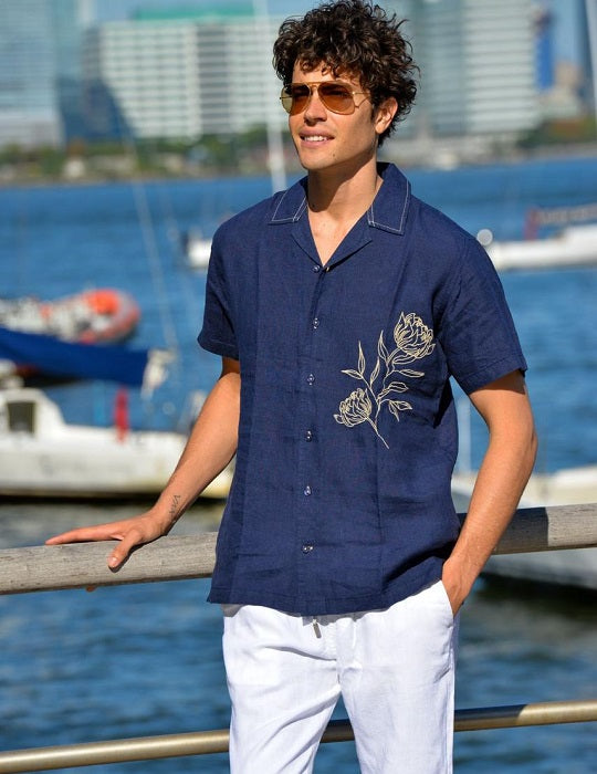 Men's Mustique Embroidered Short Sleeve Camp Collar Linen Shirts XS / Navy with Beige EMB Men's Mustique Embroidered Short Sleeve Camp Collar Linen Shirts XS / Navy with Beige EMB