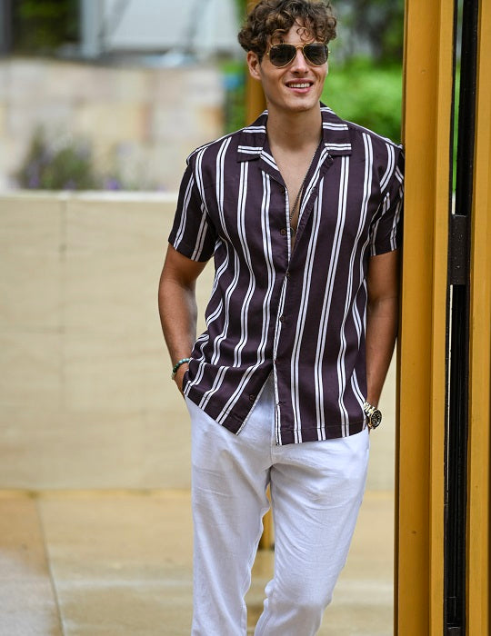 Mustique Patterned Short Sleeve Camp Collar Linen Shirts - Sporty Stripes