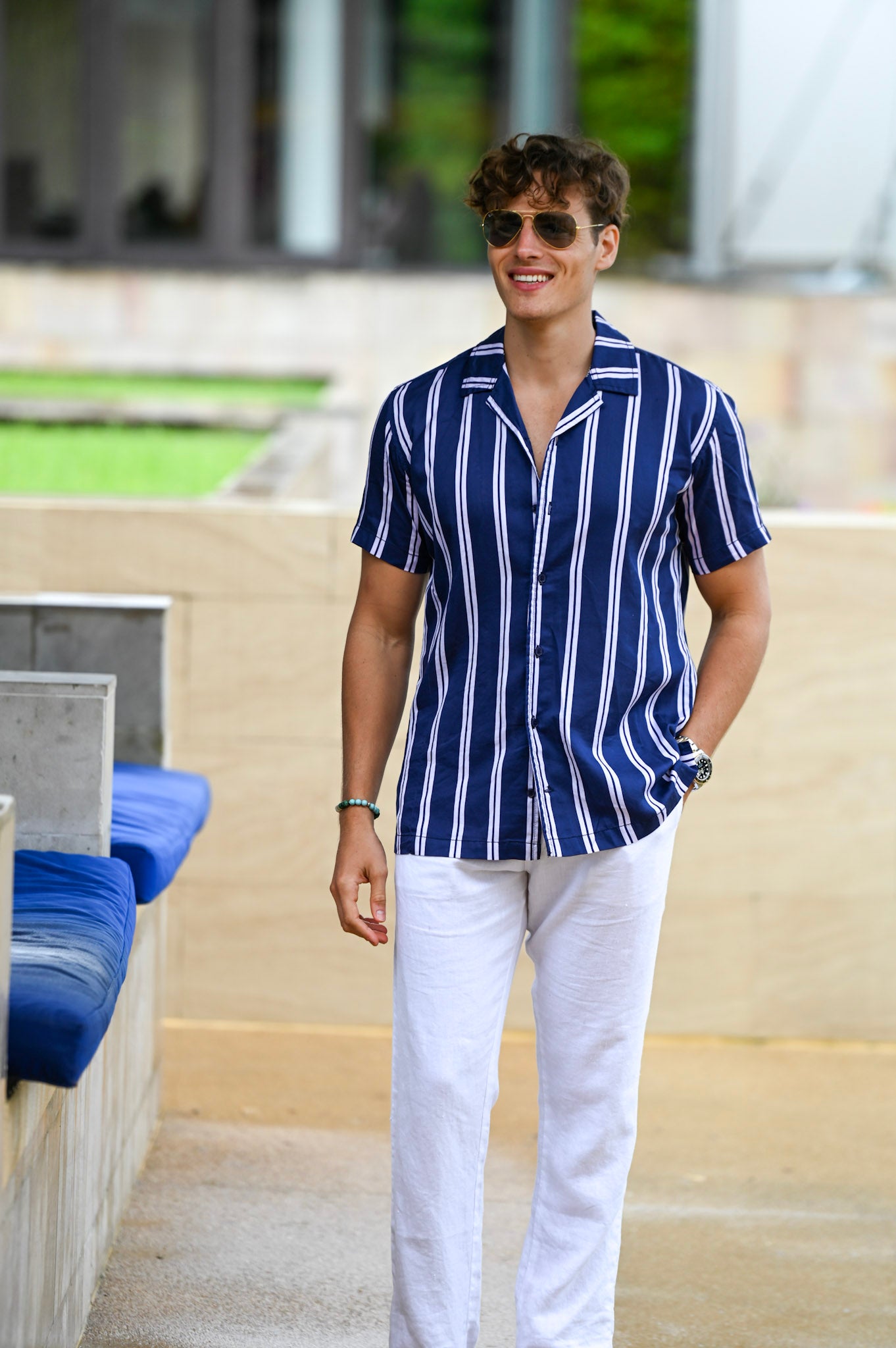 Mustique Patterned Short Sleeve Camp Collar Linen Shirts - Sporty Stripes