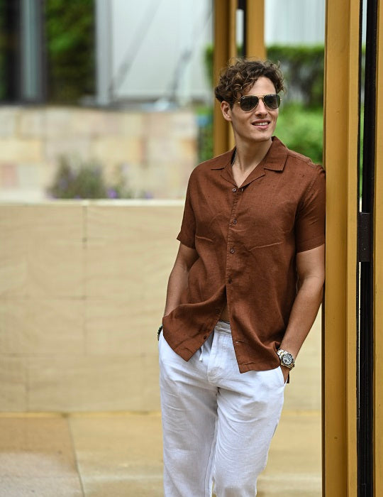Men's Mustique Solid Short Sleeve Camp Collar Linen Shirt - Chocolate Brown L / Chocolate Men's Mustique Solid Short Sleeve Camp Collar Linen Shirt - Chocolate Brown L / Chocolate