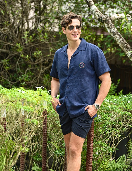 Mustique Solid Short Sleeve Camp Collar Linen Shirts - La Dolce Vita Embroidery