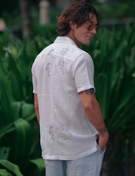 Mustique All Over Embroidered Short Sleeve Camp Collar Linen Shirts