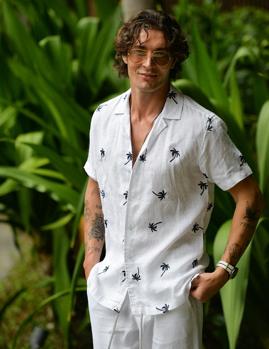 Mustique All Over Embroidered Short Sleeve Camp Collar Linen Shirts