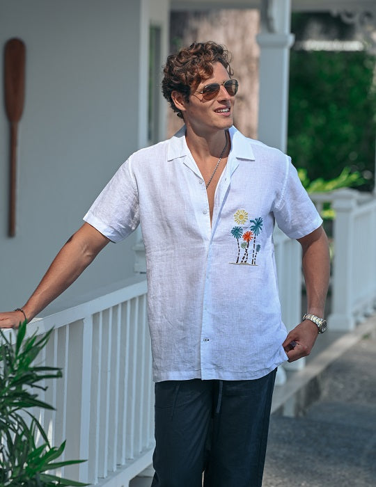 Mustique Palms Linen Short Sleeve Shirts with Chest Embroidery