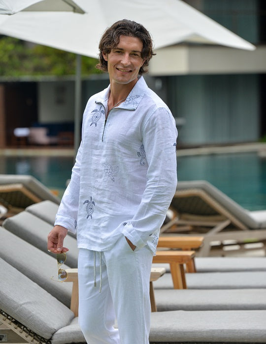 Sicily All Over Embroidered Long Sleeve Zip Up Linen Shirts