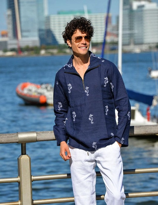 Sicily All Over Embroidered Long Sleeve Zip Up Linen Shirts