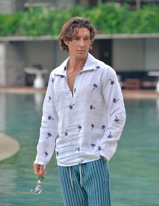 Sicily All Over Embroidered Long Sleeve Zip Up Linen Shirts