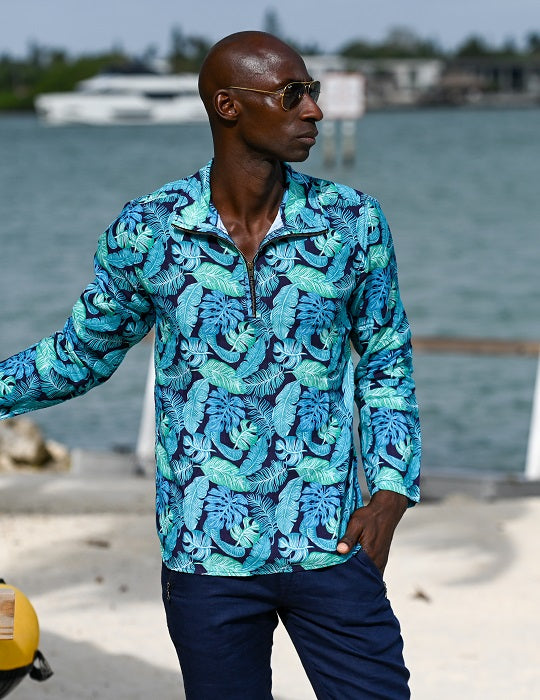 Men's Sicily Patterned Long Sleeve Zip Up Linen Shirts