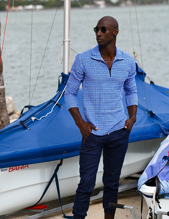 Men's Sicily Patterned Long Sleeve Zip Up Linen Shirts