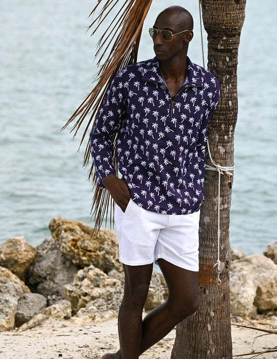 Men's Sicily Patterned Long Sleeve Zip Up Linen Shirts