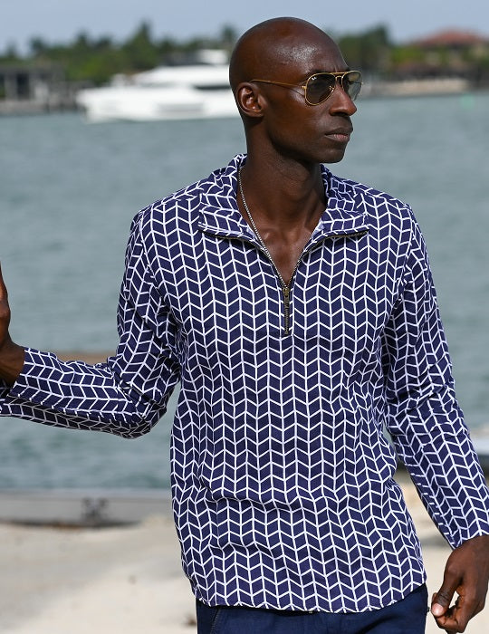 Men's Sicily Patterned Long Sleeve Zip Up Linen Shirts