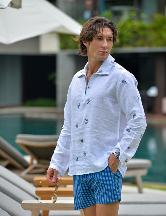 Sicily All Over Embroidered Long Sleeve Zip Up Linen Shirts