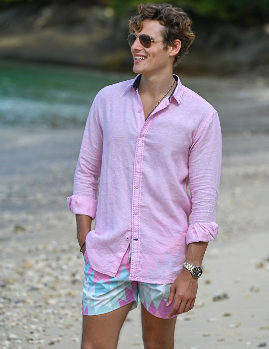 St Barth Saddle Stitch Solid Linen Long Sleeve Shirts