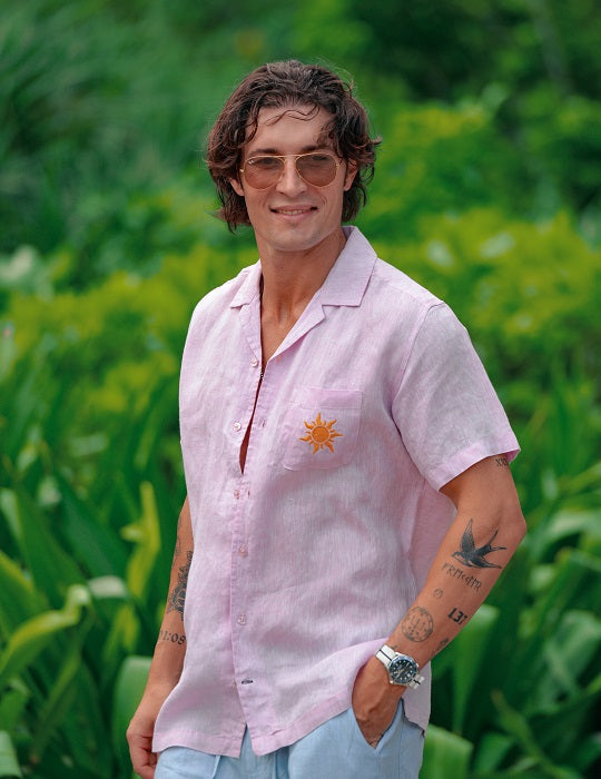 Tenerife Short Sleeve Camp Collar Linen Shirt with Distinctive Sun Embroidery on Pocket
