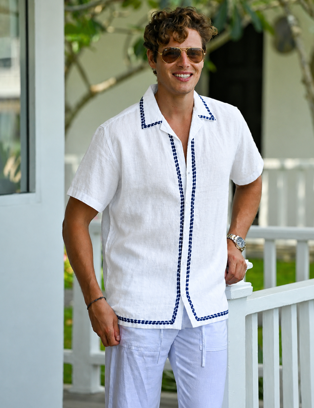 Men's Bron Short Sleeve Linen Shirt with Panel Embroidery