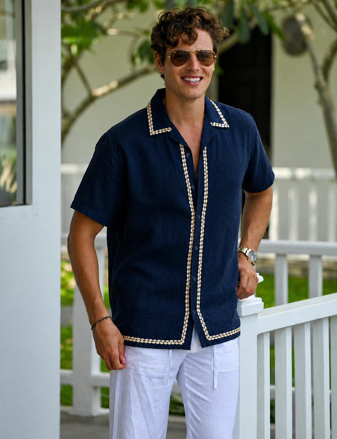 Men's Bron Short Sleeve Linen Shirt with Panel Embroidery