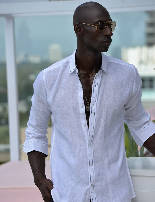 Load image into Gallery viewer, St Barth Saddle Stitch Solid Linen Long Sleeve Shirts