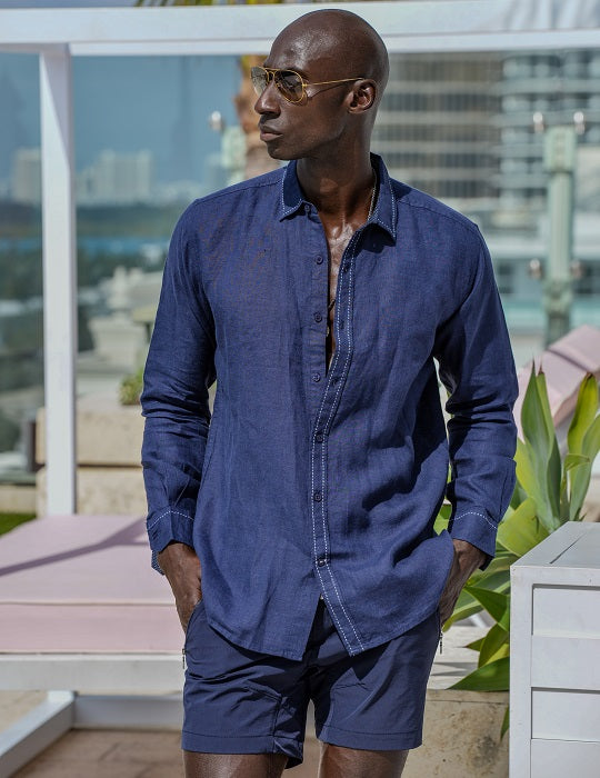 Load image into Gallery viewer, St Barth Saddle Stitch Solid Linen Long Sleeve Shirts