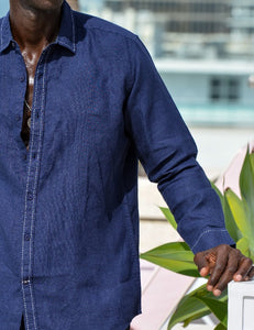 St Barth Saddle Stitch Solid Linen Long Sleeve Shirts