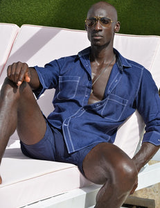 Oceanside Long Sleeve Linen Shirt with Contrast Stitching