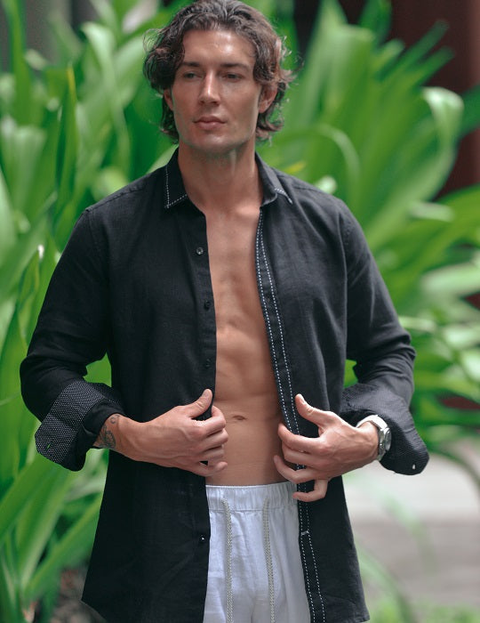 St Barth Saddle Stitch Solid Linen Long Sleeve Shirts