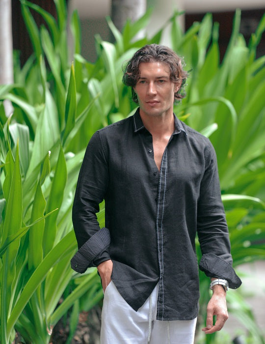 St Barth Saddle Stitch Solid Linen Long Sleeve Shirts