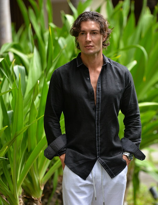 St Barth Saddle Stitch Solid Linen Long Sleeve Shirts