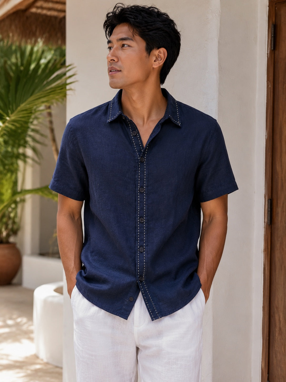 Men's Positano Saddle Stitch Short Sleeve Linen Shirt