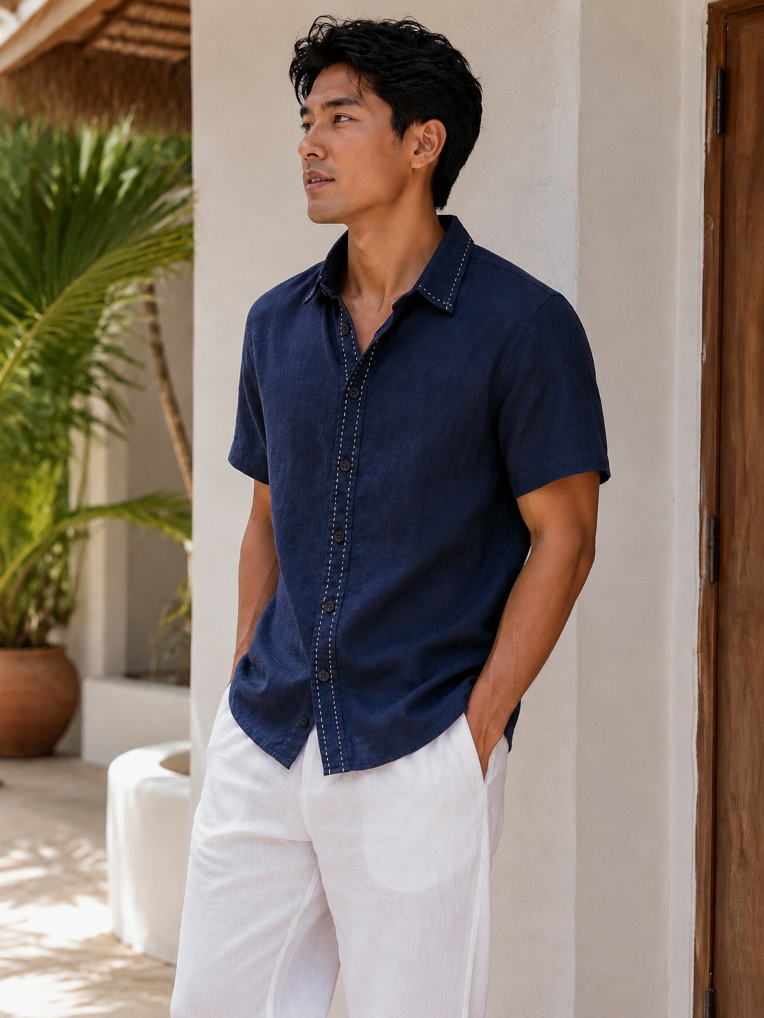 Men's Positano Saddle Stitch Short Sleeve Linen Shirt