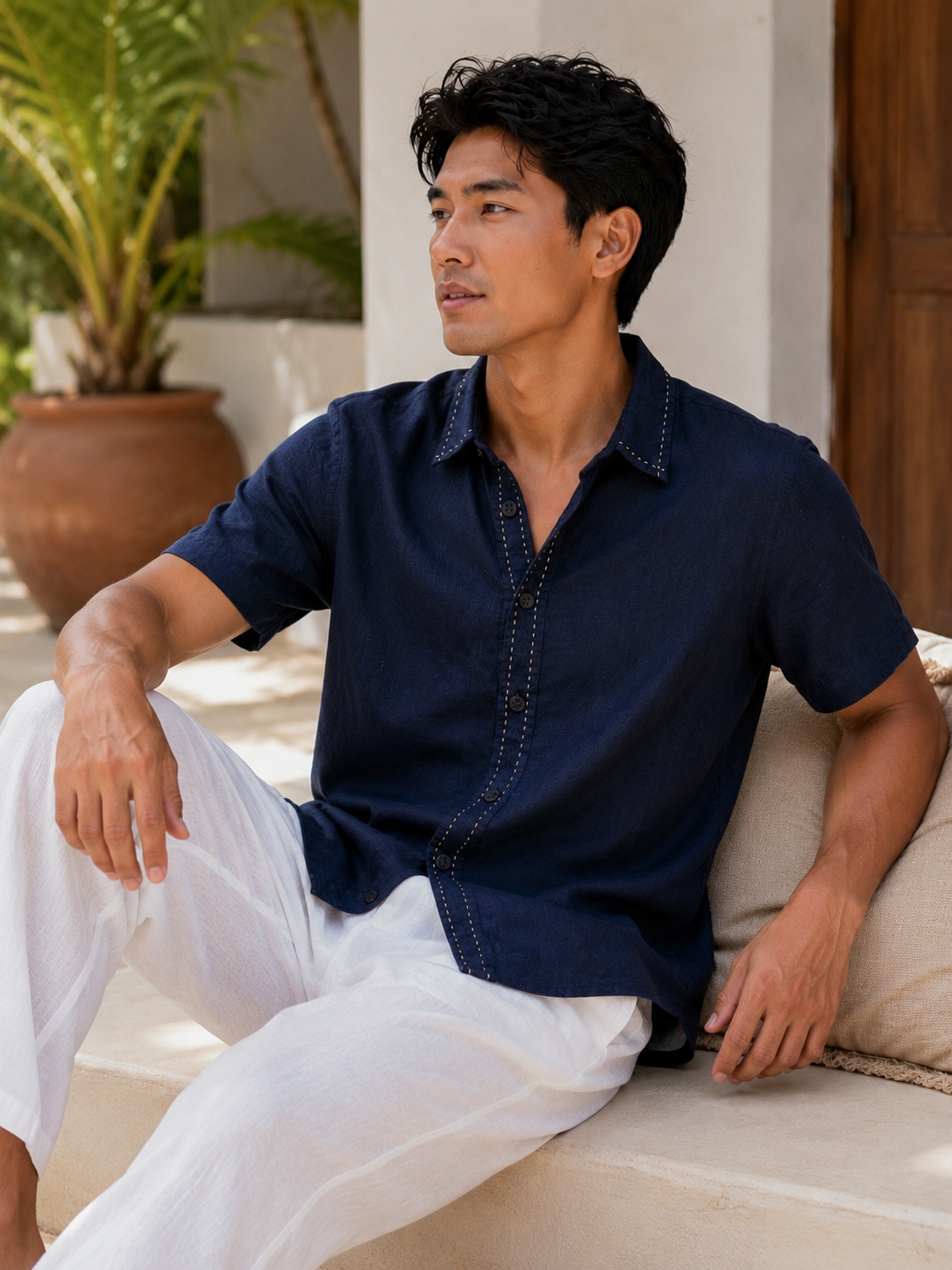 Men's Positano Saddle Stitch Short Sleeve Linen Shirt