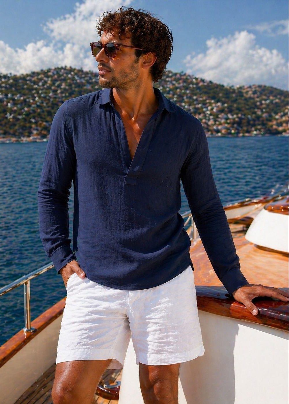 Men's Mariner V Placket Pull On Linen Shirt