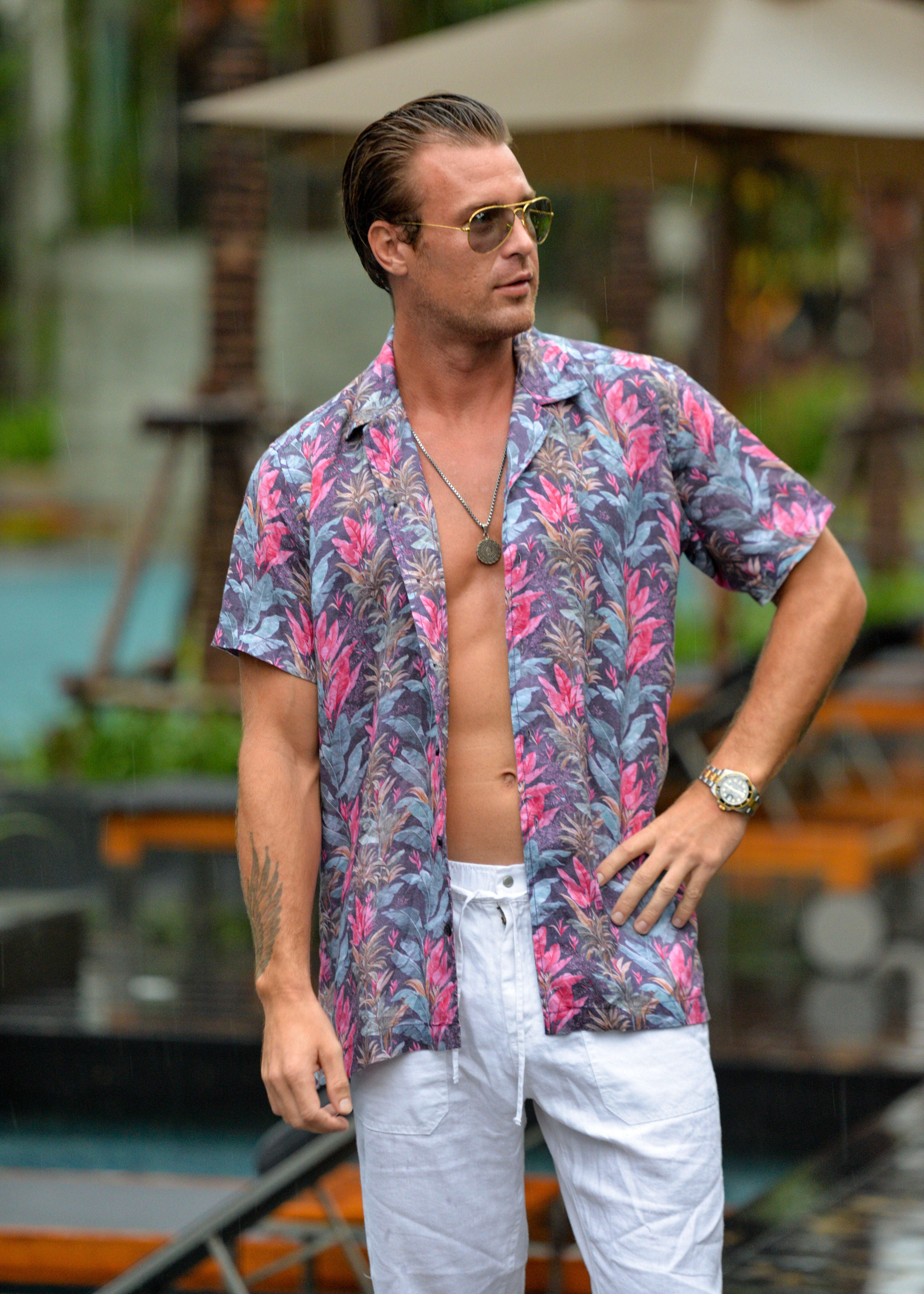 Men's Mustique Patterned Short Sleeve Camp Collar Linen Shirt