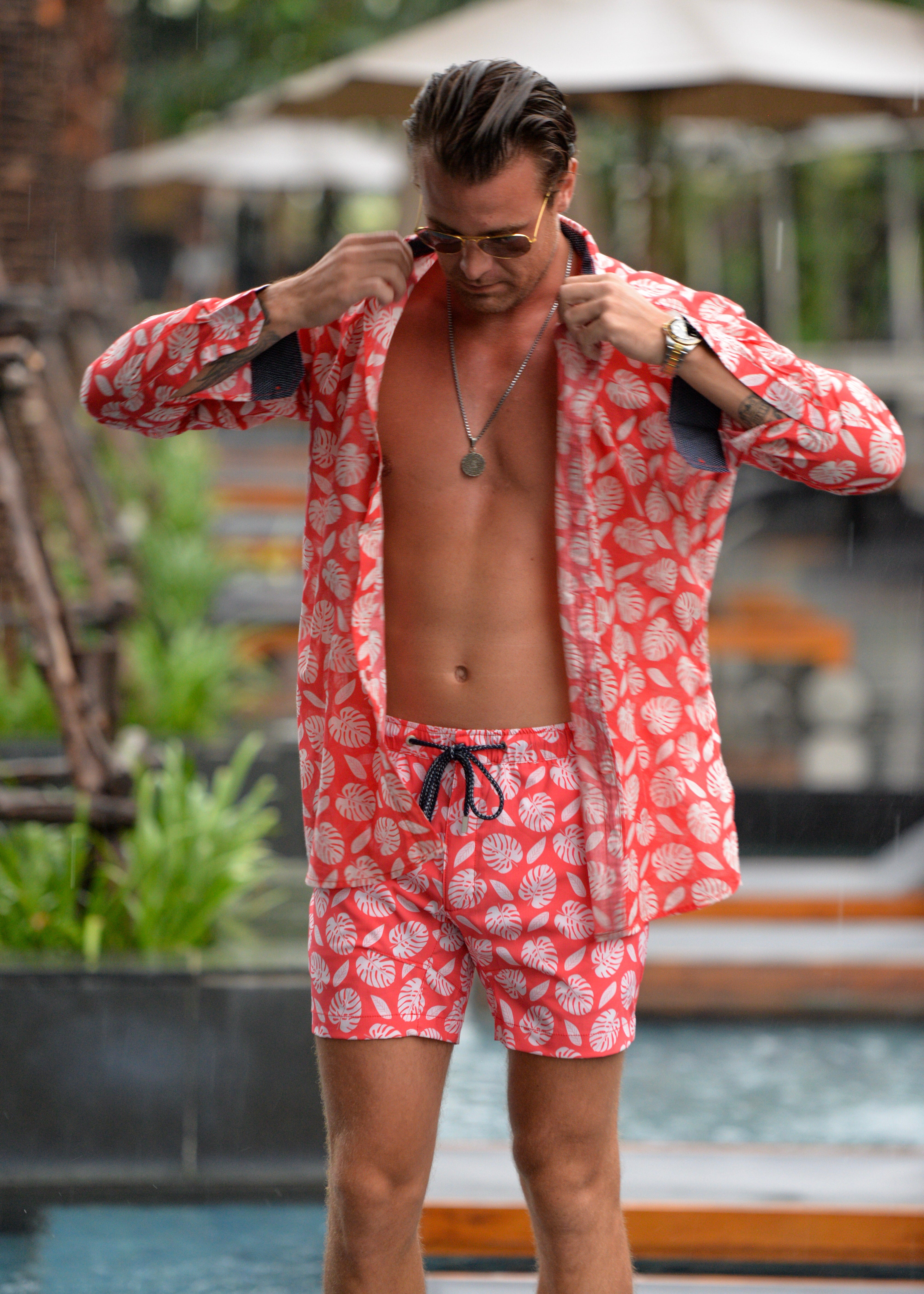 Men's St-Jean Lightweight Cotton Voile Shirt - Coral Monstera