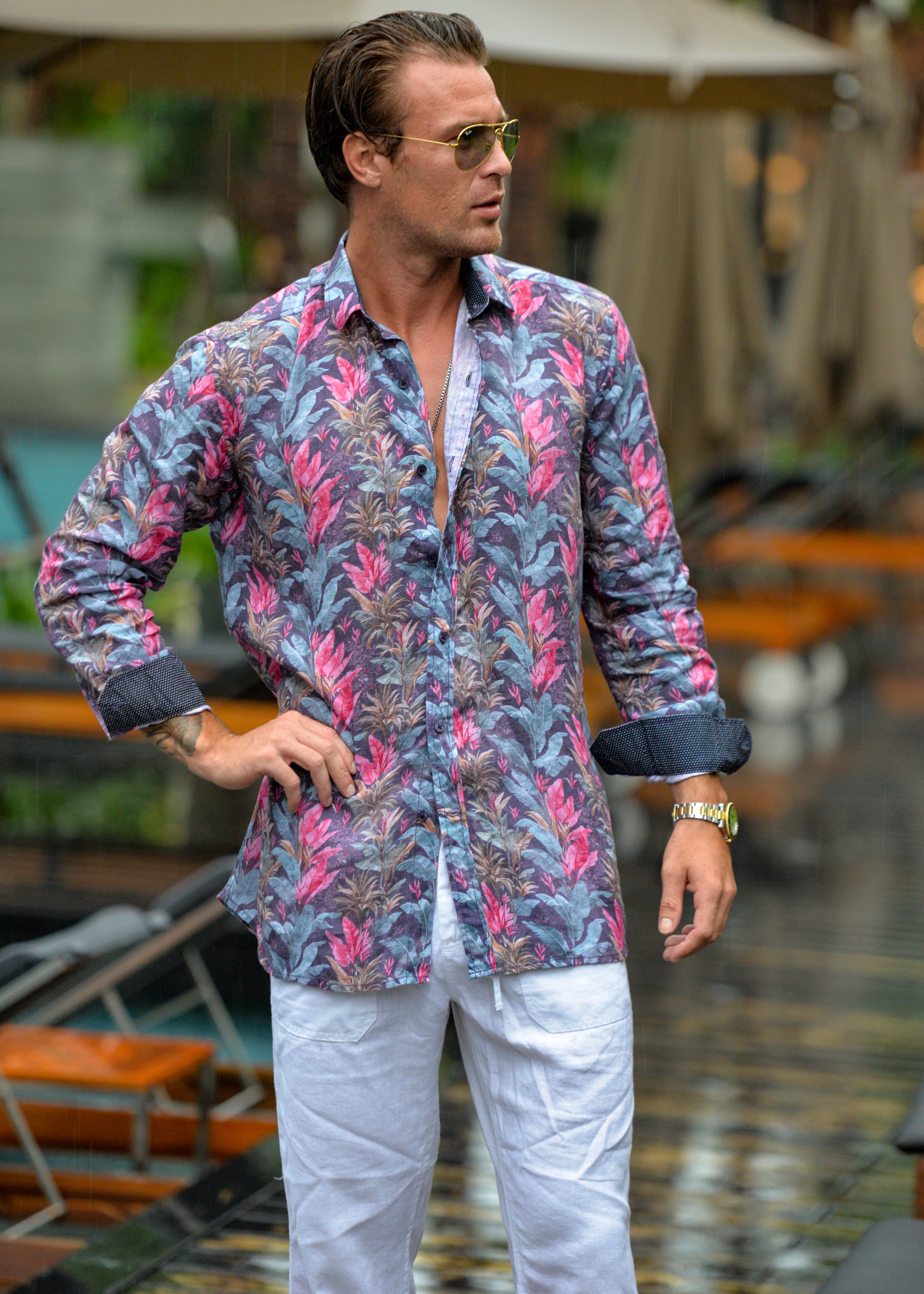 Men's St Barth Patterned Linen Long Sleeve Shirts