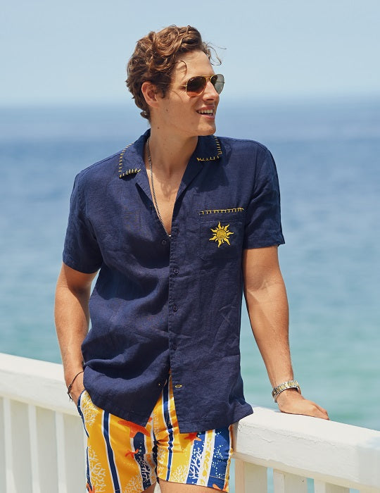 Tenerife Blanket Short Sleeve Camp Collar Linen Shirt with Distinctive Sun Embroidery on Pocket