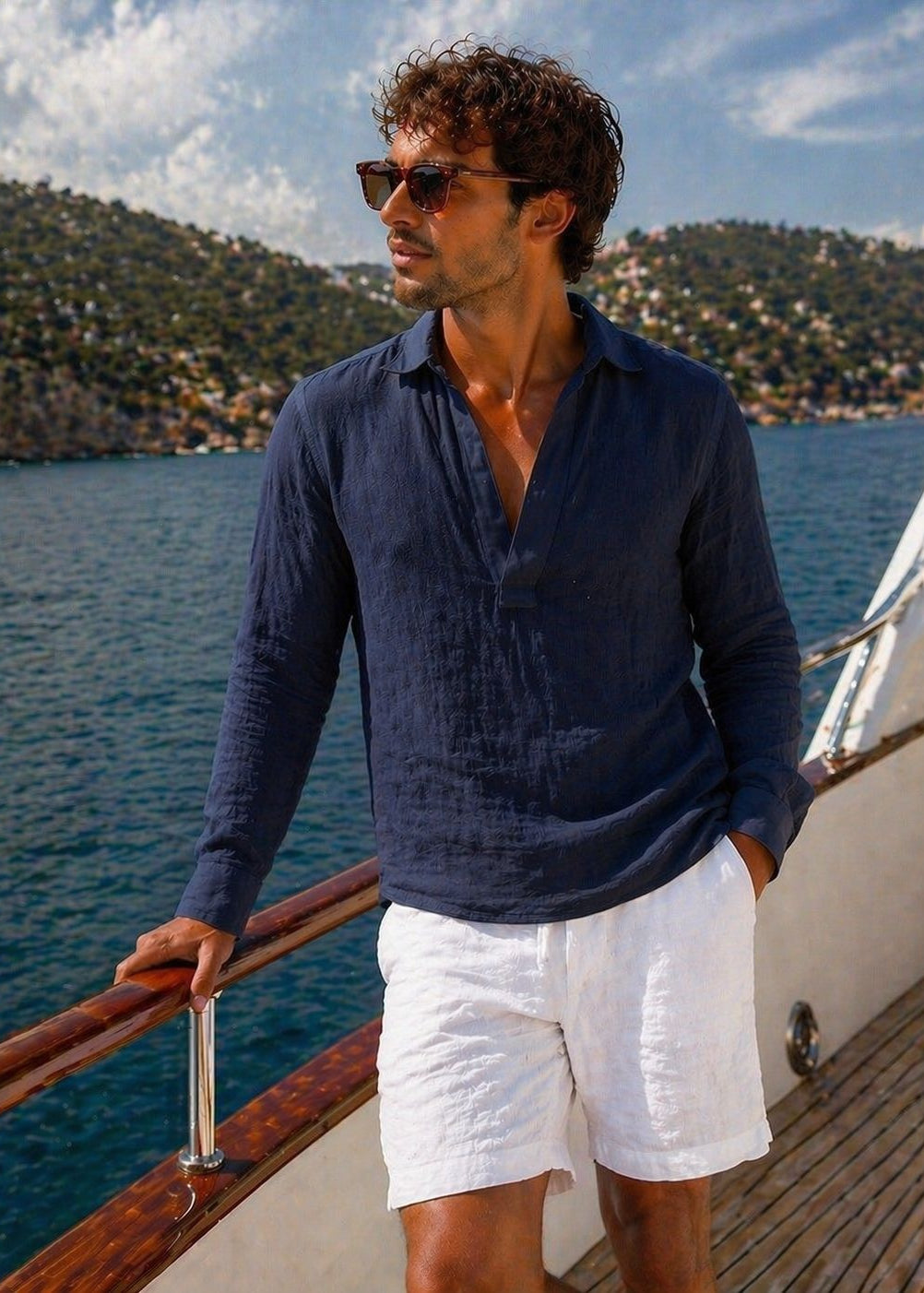 Men's Mariner V Placket Pull On Linen Shirt