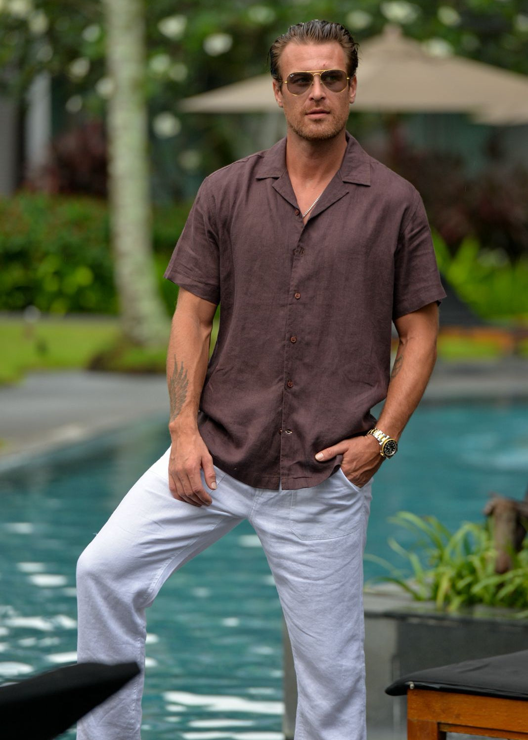 Men's Mustique Solid Short Sleeve Camp Collar Linen Shirt - Dark Chocolate